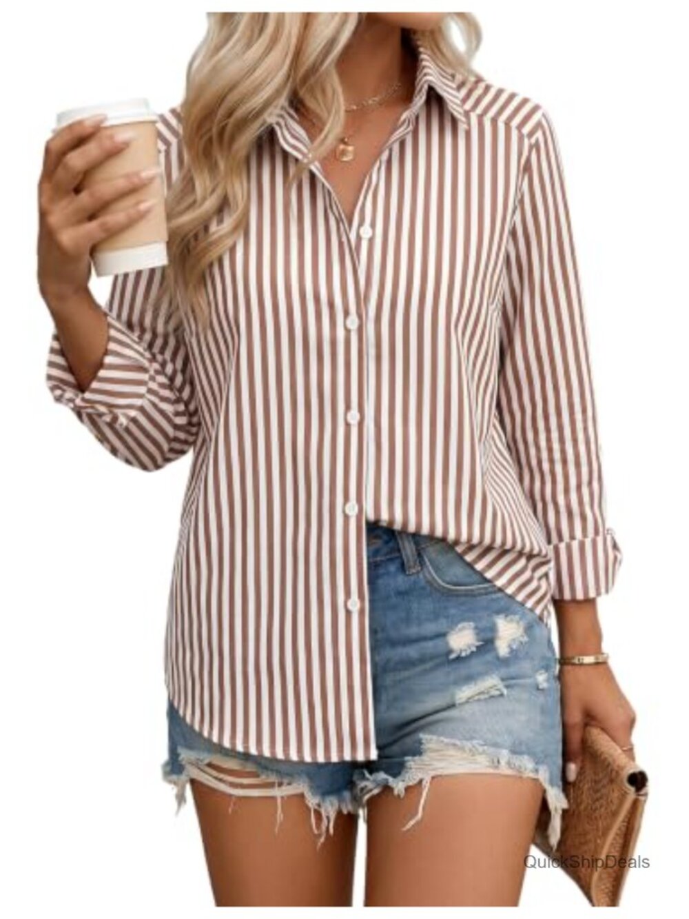 Wrinkle Resistant Cotton Blend Button Down Blouse Long Sleeve Work Top